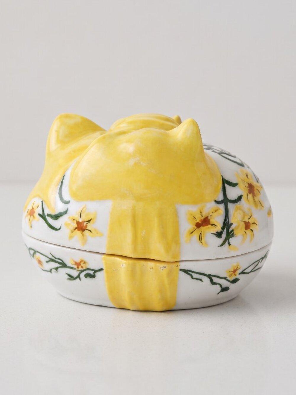 Vintage Signed EM Hand Painted Ceramic Yellow Floral Bow Jewelry Trinket Box 6”
